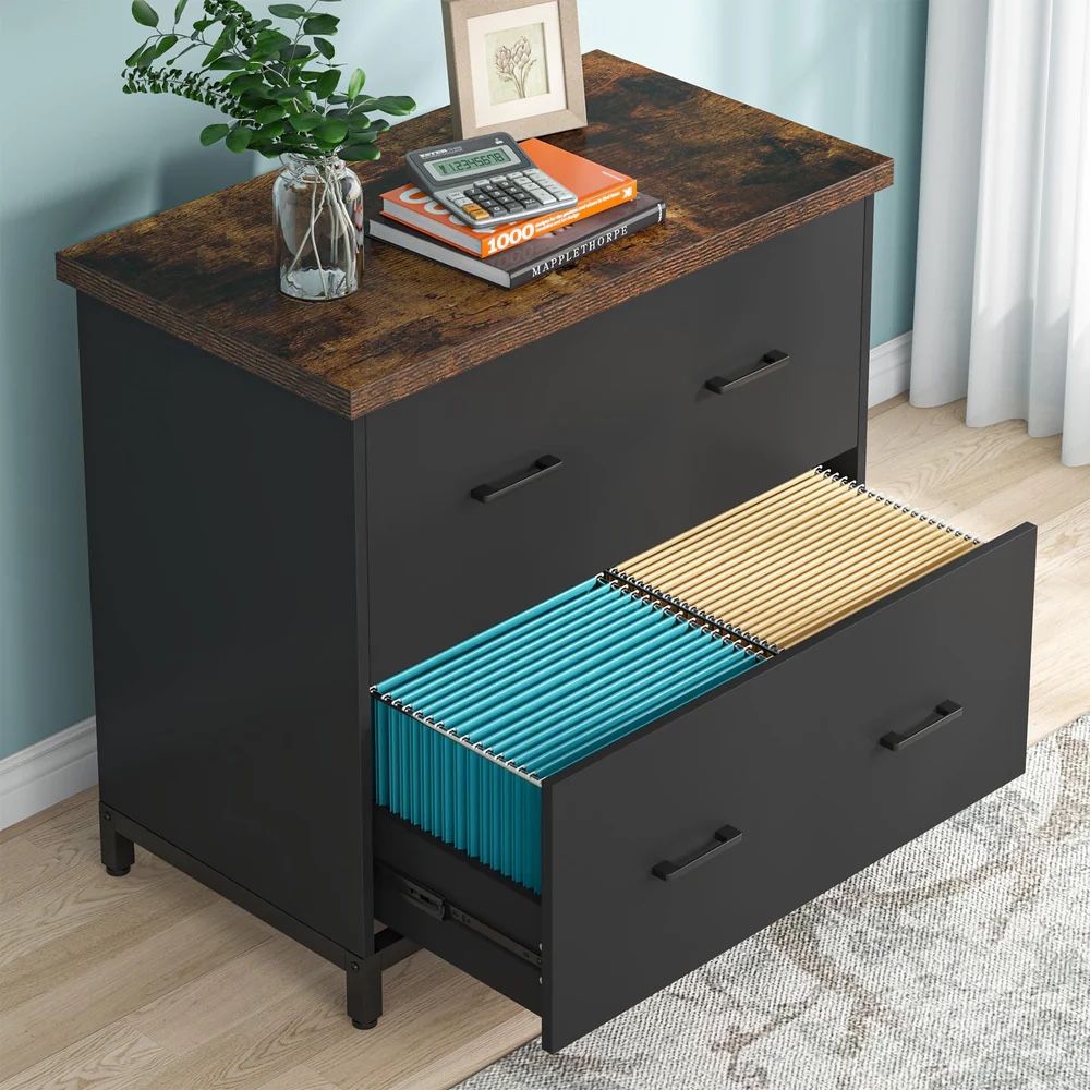 Tribesigns 2-Drawer File Cabinet, Wood Lateral Filing Cabinet, Home Office File Cabinet for A4, Letter Size, Brown and Black
