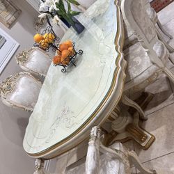 Beautiful Italian imported from Italy Formal  dining table beige gold color with custom glass top & 8 chairs