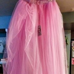 Full Length Pink Tulle Fluffy Skirt W/ Train. Sz XL