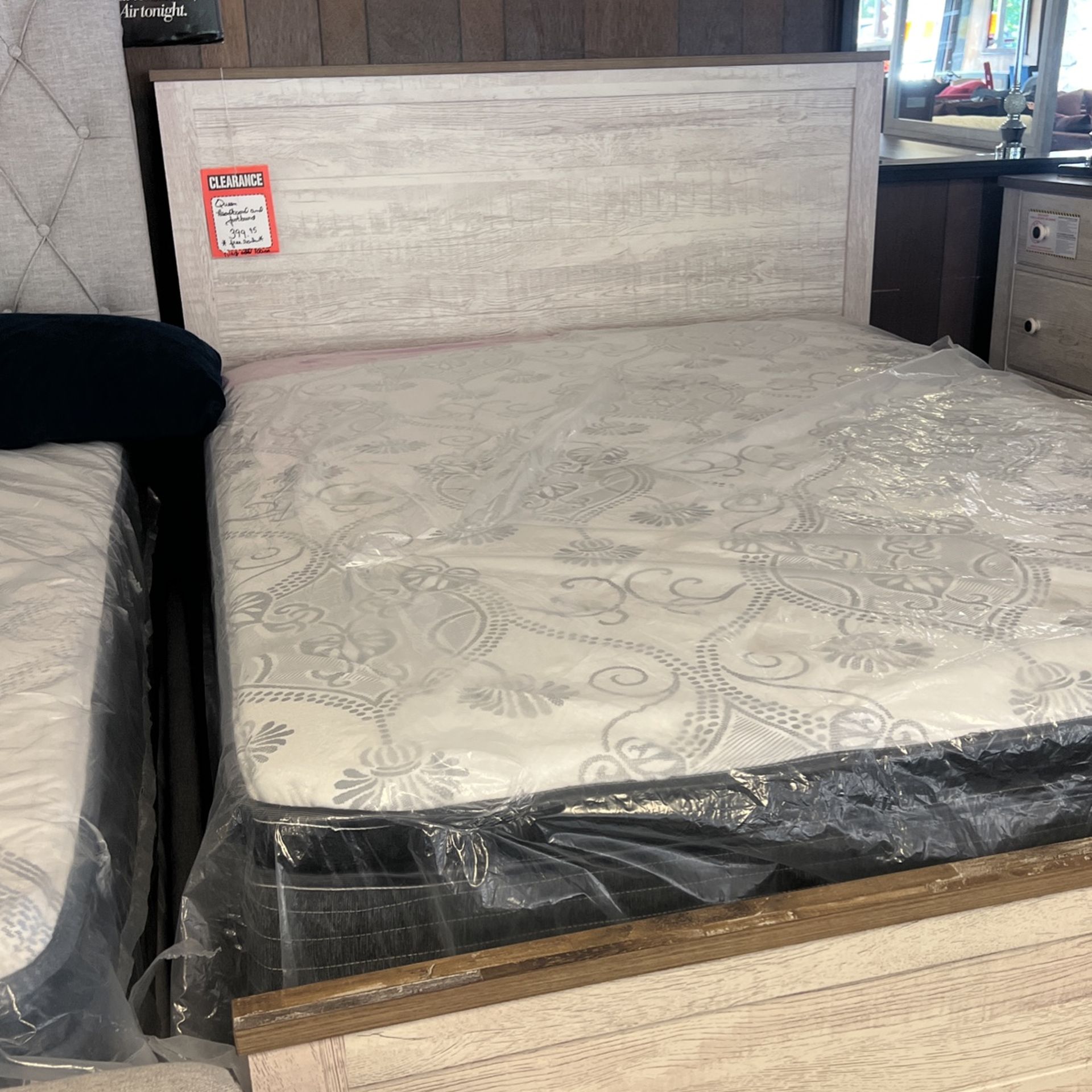 Brand new queen headboard, footboard and rails and dresser mirror and nightstand for 1199 king-size add $100