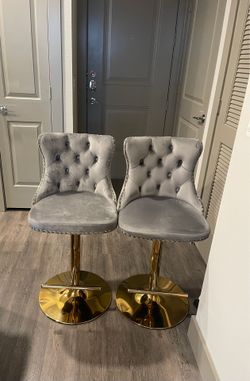 Set of 2 Gray Velvet Tufted Bar Stools with Gold Base