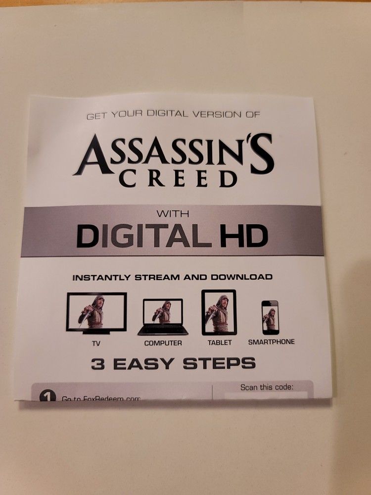 $4 HD DIGITAL MOVIE CODE. ASSASSIN'S CREED. $4 OR TRADE FOR A MOVIE TITLE I DO NOT ALREADY OWN.