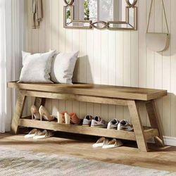 LD0015 55" Wood Entryway Bench with Shoe Storage, Large 2-Tier Narrow Hallway Foyer Seating Bench wi