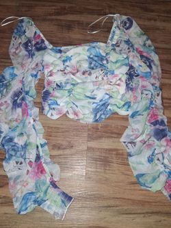 Chiffon Floral Puff Long Sleeve Top sz L new