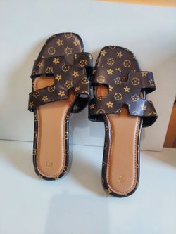 Brown Monogram Print Slide Sandals