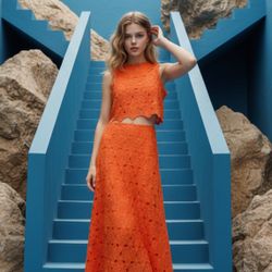 Brand-new Crochet Two Pieces Set-stunning Orange 