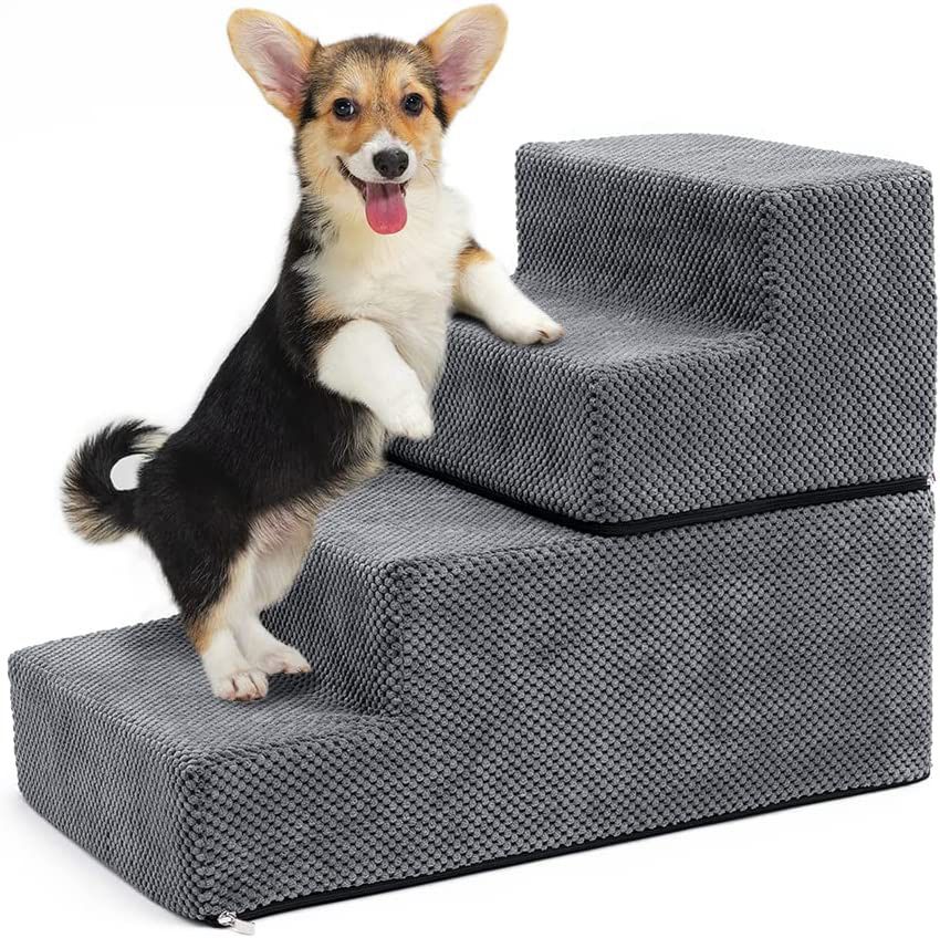 Dog Stairs and Ramp for High Beds 4-Tier Dog Steps for Bed – High Density Foam with Cotton Cover Pet Stairs Non-Slip Bottom and Easy DIY Installation 