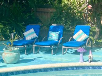 Set of 3 Fortunoff Wicker Chaise Lounge Chairs with Blue Sunbrella Cushions