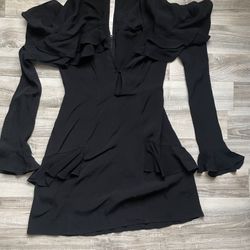 For Love And Lemons Black Long Bell Sleeve Ruffle Solid Vneck Dress Size Small 
