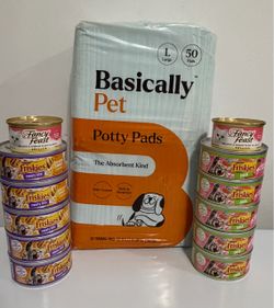 Basically Pet Potty Pads and Assorted Fancy Feast Friskies