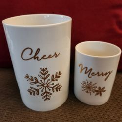 Christmas Holiday Cheer & Merry  Candle Votive / Plant Holder Set