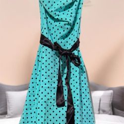 Ruby Red (R) Retro Pin Up Cami Dress 6 Teal Black Dots Tulle Sash Midi EUC