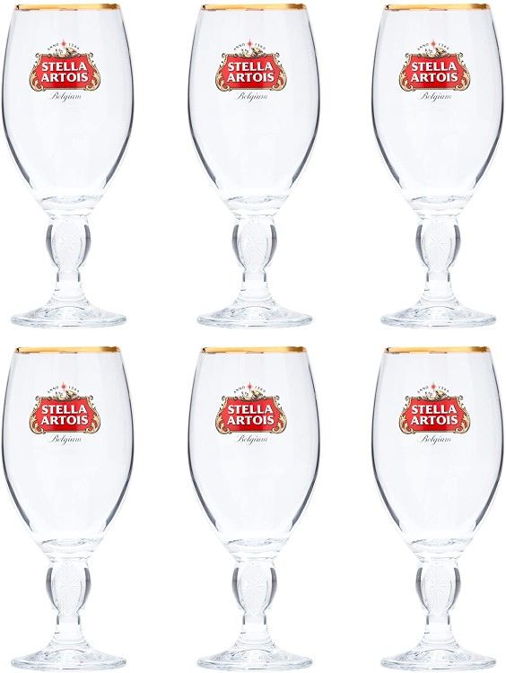 Stella Artois Original Glass Chalices, 40cl (13.5 oz) with Gold Rim ~ Set of 6, Beer Glasses, Holiday Gift, Stella Cups