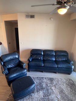 Hancock & Moore Navy Blue Leather Sofa, Armchair, and Ottoman Set with Nailhead Trim