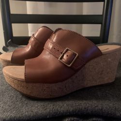 Clarks Brown Leather Buckle Wedge Size 7
