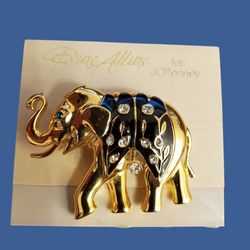 NWT Vtg Elephant w/Green Emerald Eye & Rhinestones Black Enamel Brooch Pin 