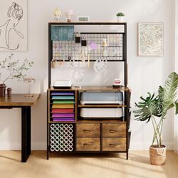 0973 Large Craft Organization and Storage Cabinet Compatible with Cricut Machines, Craft Table with Charging Station Crafting Desk with Tools Accessor
