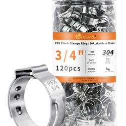 WYSIWYKA 120pcs 3/4 Inch PEX Cinch Clamps Rings, 304 Stainless Steel Single Ear Hose Clamps, Heavy Duty Pex Crimp Rings For PEX Tubing Pipe Fitting Co