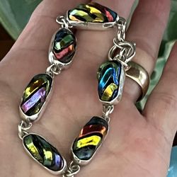 Beautiful Art Glass & Sterling Silver Bracelet 