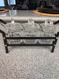 Glass Condiment Jar Set with Metal Rack