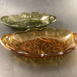 VTG PAIR INDIANA GLASS AMBER & GREEN SUNFLOWER DAISY RELISH CANDY DISH BANANA BOAT