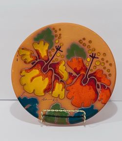 Vintage Clay Pottery Glazed Hand Painted Decorative Plate Signed 9” Diameter  Vibrant orange hand-painted ceramic art plate