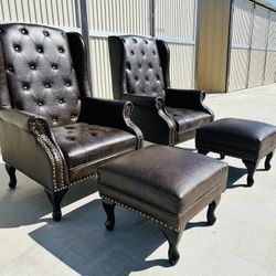 2 Dark Brown Marble Faux Leather High Back Chairs With 2 Foot Rest Ottomans 