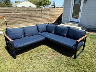 Modern Outdoor L‑Shaped Patio Sectional Sofa – Navy, 90” x 90” + Matching Table