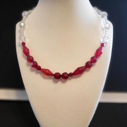 Vintage Red And White Beaded Cut Throat Crystal Necklace