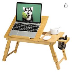 Lap Desk- Fits up to 15.6  Inch Laptop Desk, Foldable Bed Tray Breakfast Table with 5 Angles Tilting Top, Height Adjustable Laptop Stand /Storage Net