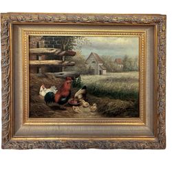 Vintage Oil Painting Realism Farm Chicken Roosters Rustic French Gold Frame
