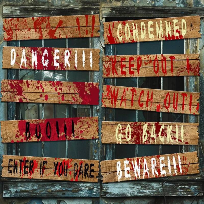 Set of 10 LFUTARI Haunted Window Boards, Waterproof Bloody Beware Door Signs for Halloween House Decorations & Horror Themed, 27” x 4.7”