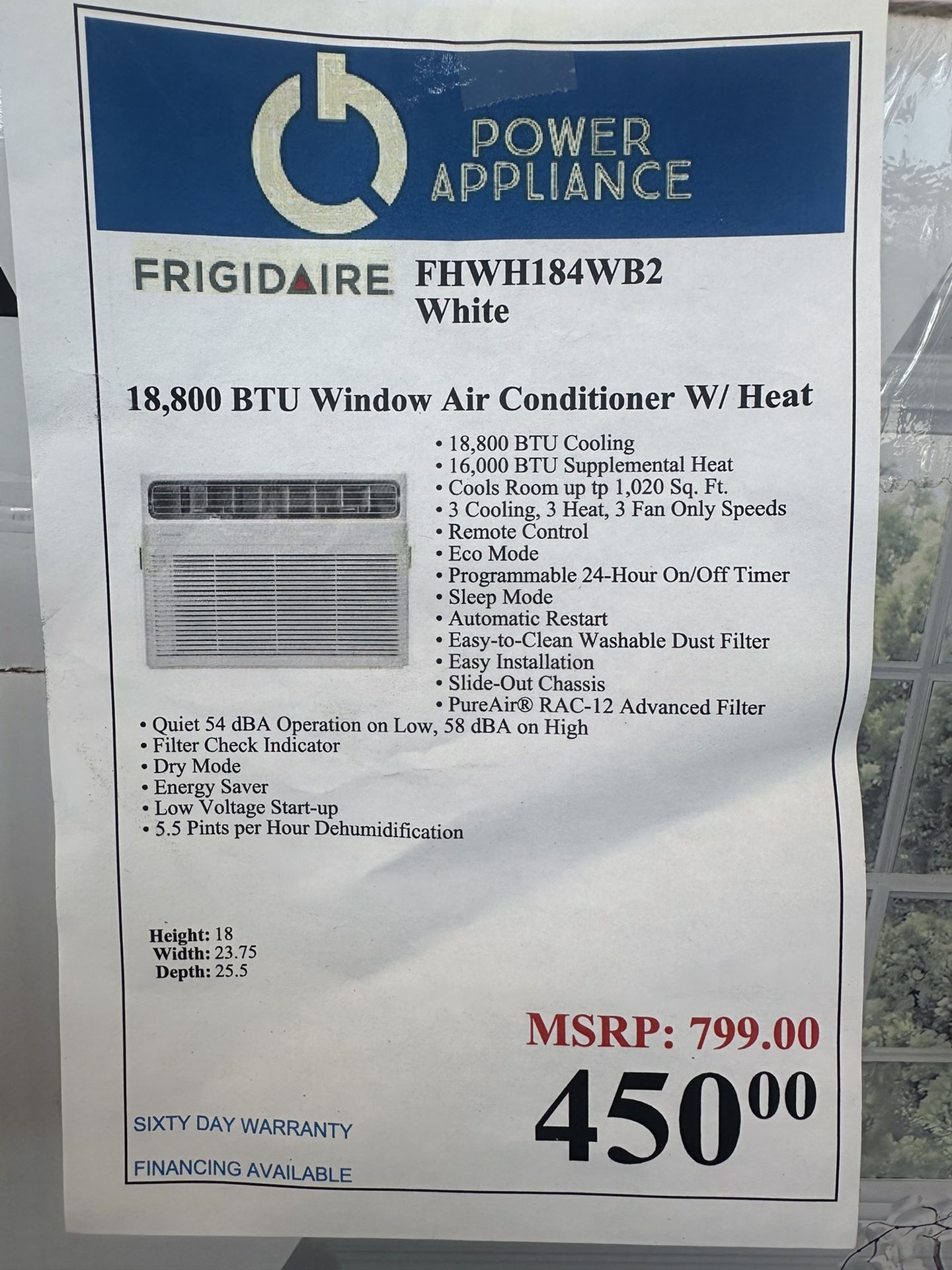 Frigidaire 18,800 BTU Window Air Con W/heat