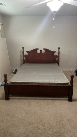 Solid Wood Queen Bed Frame with Headboard & Footboard – Classic Cherry Finish