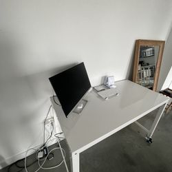 White Metal Desk Table With Wheels CB2