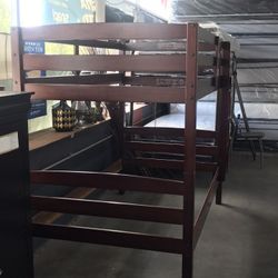 Brown Wood Bunk Bed W/ 2 Mattresses 