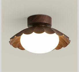 Walnut Finish Flush Mount Ceiling Light,Hallway Lighting Fixture with Metal Lampshade,Mid Century Semi Flush Mount Ceiling Lamp for Hallway