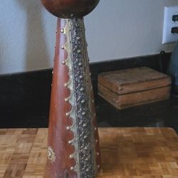  12" TALL WOOD AND METAL PILLAR CANDLE HOLDER 