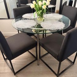 Glass Dining Table Four Soft Black Chairs 