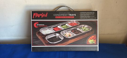 Condiment trays with wood caddy