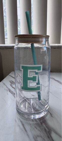 16oz Glass Can Cup with Bamboo Lid & Straw - Letter "E"