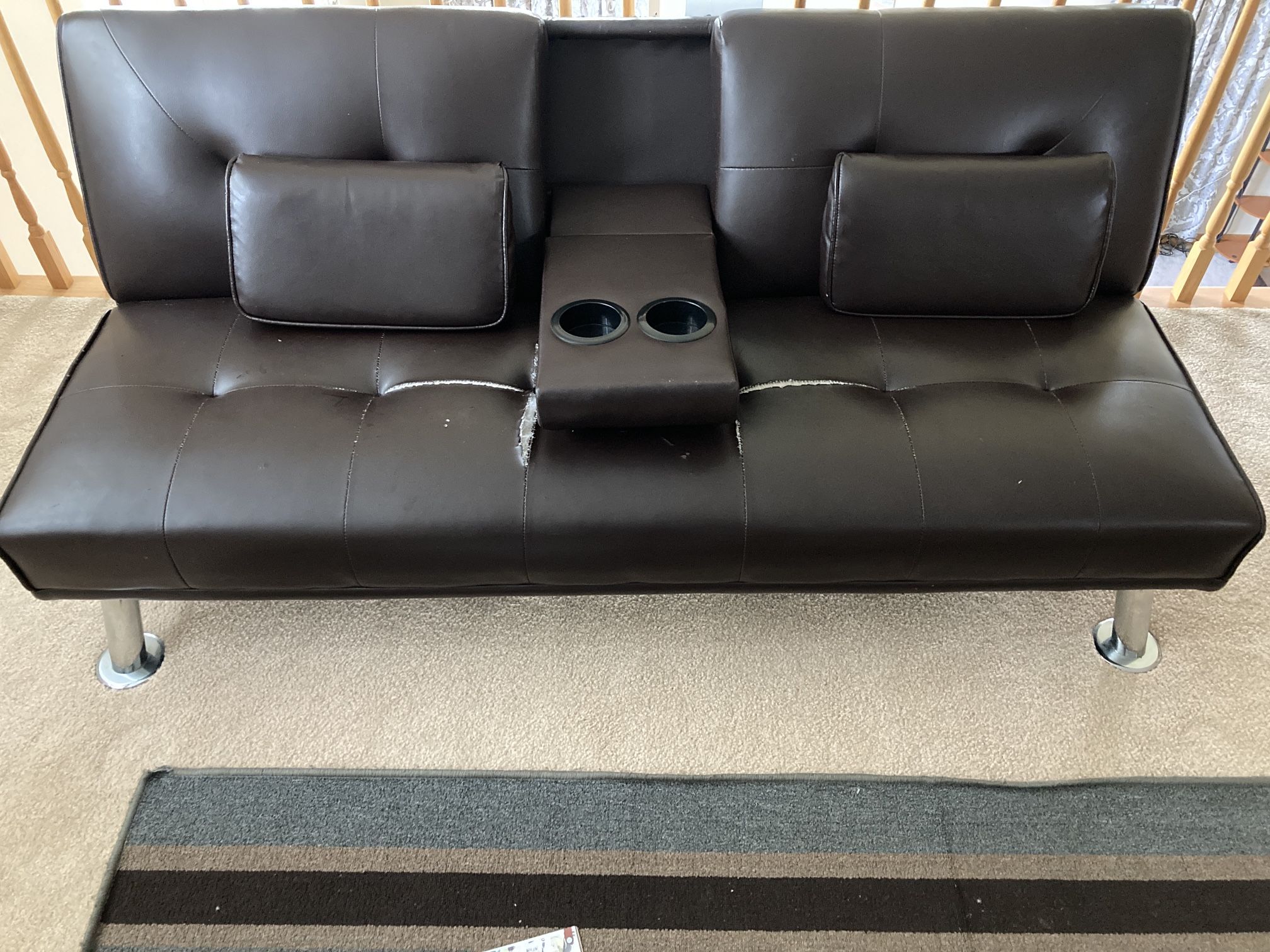 LuxuryGoods Modern Faux Leather Futon With Cupholders And Pillows