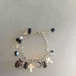 Silver Tone Charm Bracelet With Glass & Metal Beads Heart Cross Round Rectange