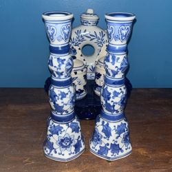 Ceramic Blue And White Candle Holders 