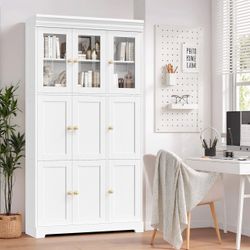 71'' TALL BOOKCASE WITH ADJUSTABLE SHELVES, 9 DOORS WOODEN STORAGE BOOKSHELF FOR HOME OFFICE LIVING ROOM, WHITE