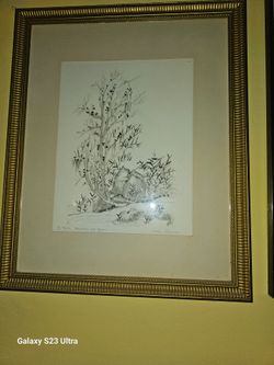 Framed Ink Drawing Bamboo and Rocks