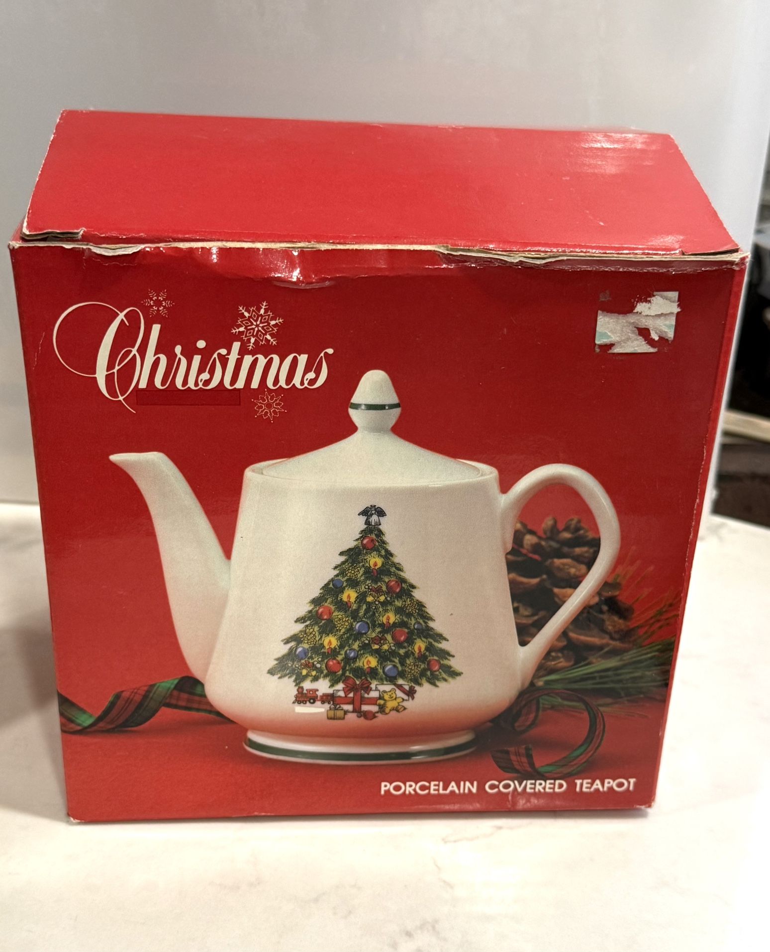 Vtg Christmas Tree Porcelain Teapot Made in Japan - Never Used In Original Box Decorated Christmas Tree with Angel on Top and Train Below