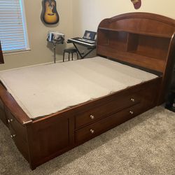 Full Size Youth Captains Bed  with Storage, Bookcase headboard, and Armoire 