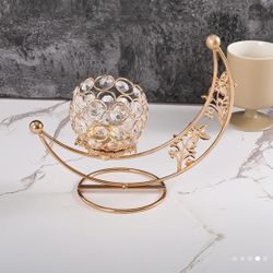 1pc Golden Crystal Moon Shaped Candle Holder, Tealight Candle Holders, Vintage Candlestick For Table Centerpiece Wedding Birthday Party Home Decor Gif