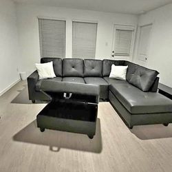 New In Boxes Black Sectional With Storage Ottoman 